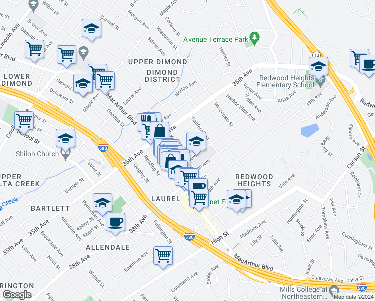 map of restaurants, bars, coffee shops, grocery stores, and more near 3720 Loma Vista Avenue in Oakland