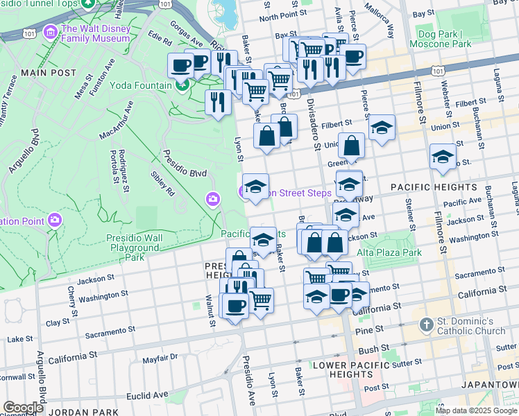 map of restaurants, bars, coffee shops, grocery stores, and more near 2950 Broadway in San Francisco
