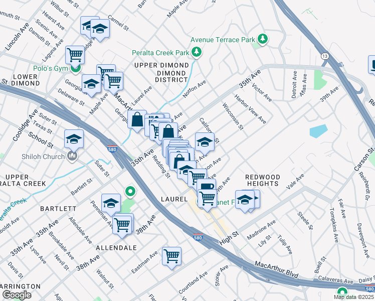 map of restaurants, bars, coffee shops, grocery stores, and more near 3661 Loma Vista Avenue in Oakland