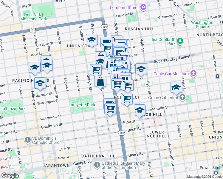 map of restaurants, bars, coffee shops, grocery stores, and more near 1720 Jackson Street in San Francisco