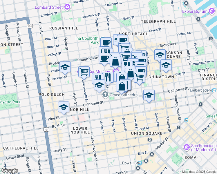 map of restaurants, bars, coffee shops, grocery stores, and more near 1156 Taylor Street in San Francisco
