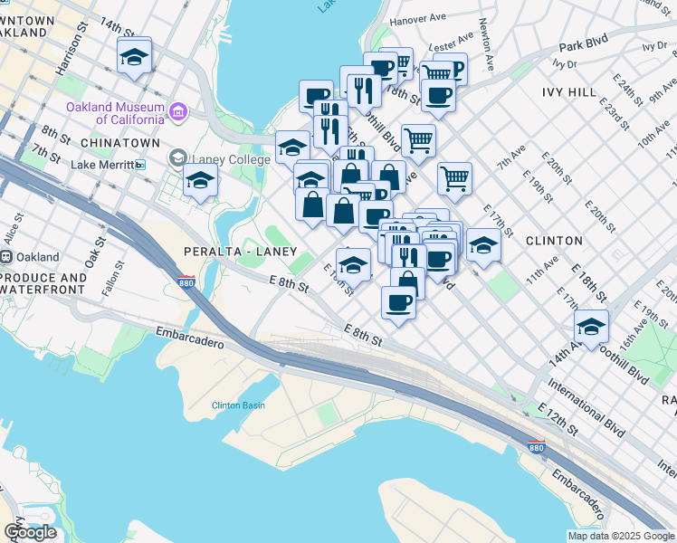 map of restaurants, bars, coffee shops, grocery stores, and more near 1032a 5th Avenue in Oakland