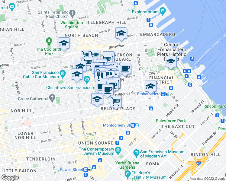 map of restaurants, bars, coffee shops, grocery stores, and more near 550 Kearny Street in San Francisco