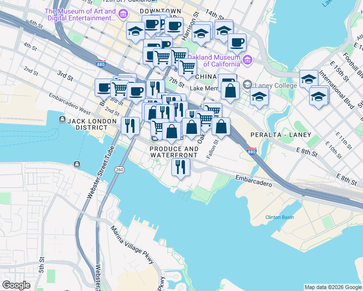 map of restaurants, bars, coffee shops, grocery stores, and more near Madison Street & 2nd Street in Oakland