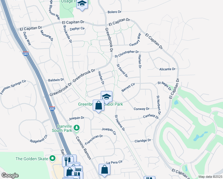 map of restaurants, bars, coffee shops, grocery stores, and more near 14 Creekwood Court in Danville