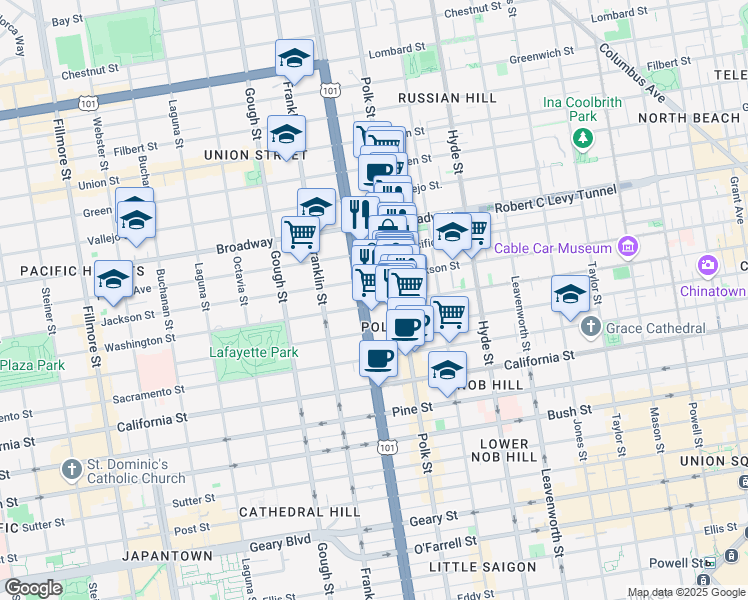 map of restaurants, bars, coffee shops, grocery stores, and more near 1653 Jackson Street in San Francisco