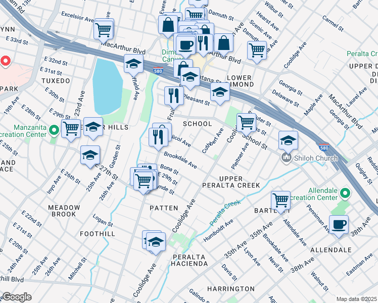 map of restaurants, bars, coffee shops, grocery stores, and more near 2922 Capp Street in Oakland