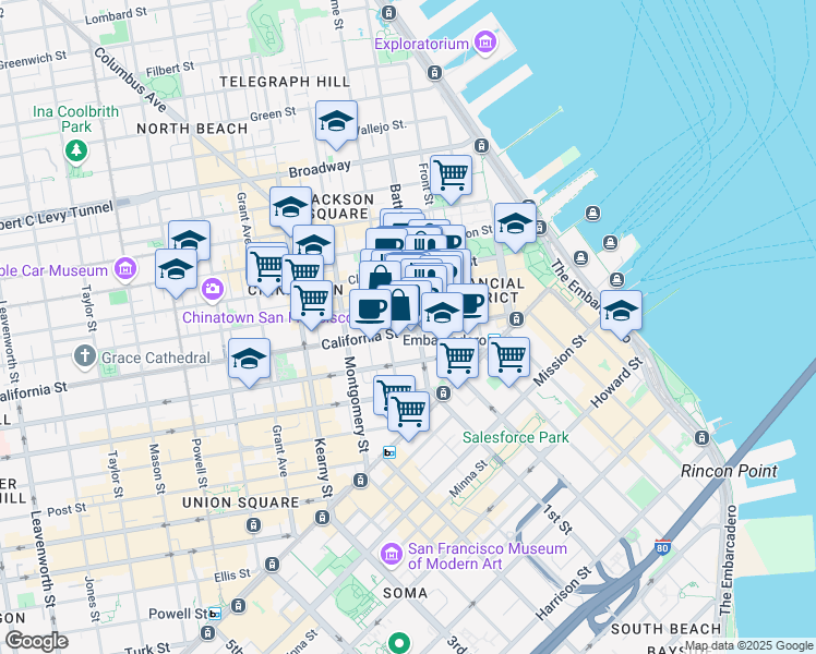 map of restaurants, bars, coffee shops, grocery stores, and more near 300 California Street in San Francisco