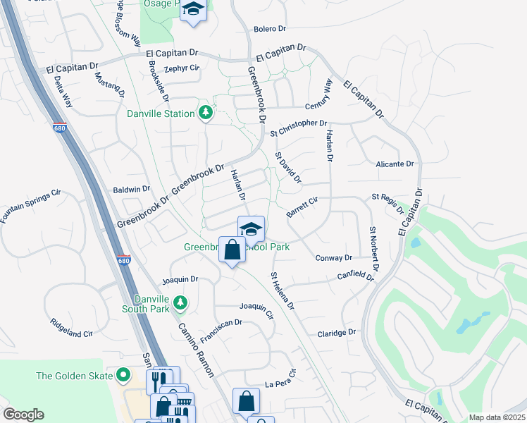 map of restaurants, bars, coffee shops, grocery stores, and more near 14 Creekwood Court in Danville