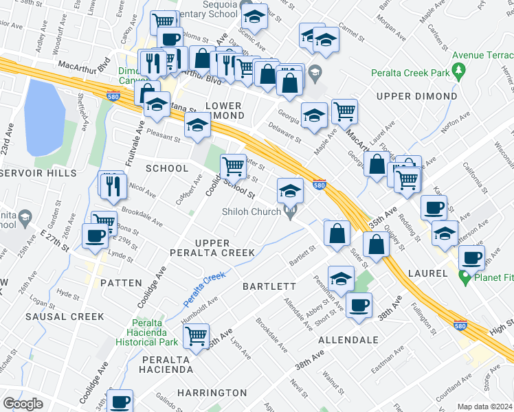 map of restaurants, bars, coffee shops, grocery stores, and more near 3157 Texas Street in Oakland