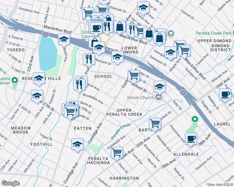 map of restaurants, bars, coffee shops, grocery stores, and more near 3146 Cuthbert Avenue in Oakland