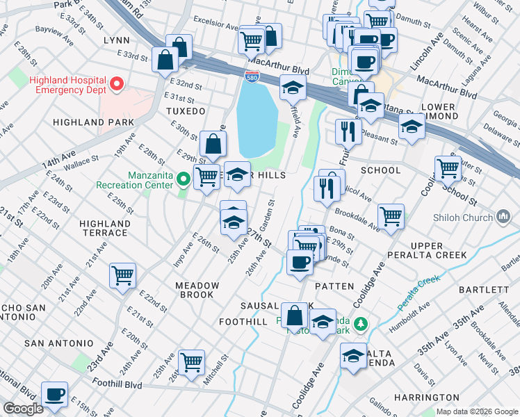 map of restaurants, bars, coffee shops, grocery stores, and more near 2615 East 28th Street in Oakland