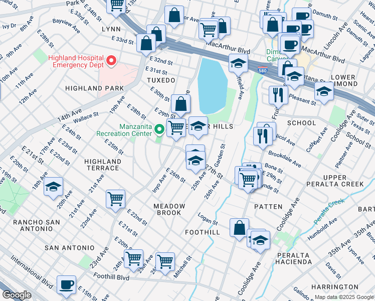 map of restaurants, bars, coffee shops, grocery stores, and more near 2725 Inyo Avenue in Oakland