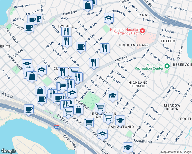 map of restaurants, bars, coffee shops, grocery stores, and more near 2120 14th Avenue in Oakland
