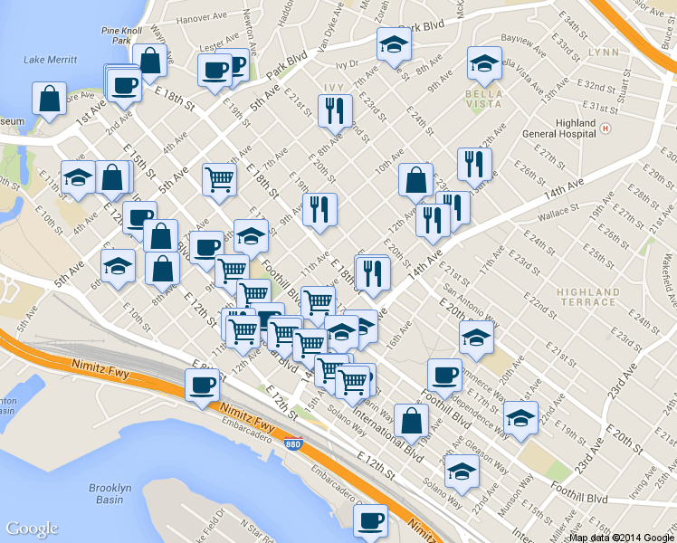 map of restaurants, bars, coffee shops, grocery stores, and more near in Oakland