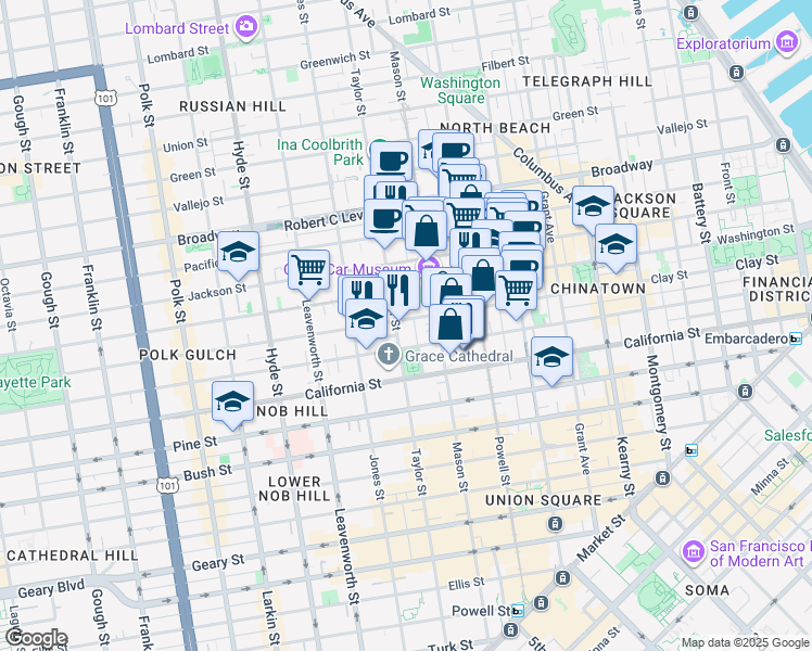 map of restaurants, bars, coffee shops, grocery stores, and more near 1140 Clay Street in San Francisco