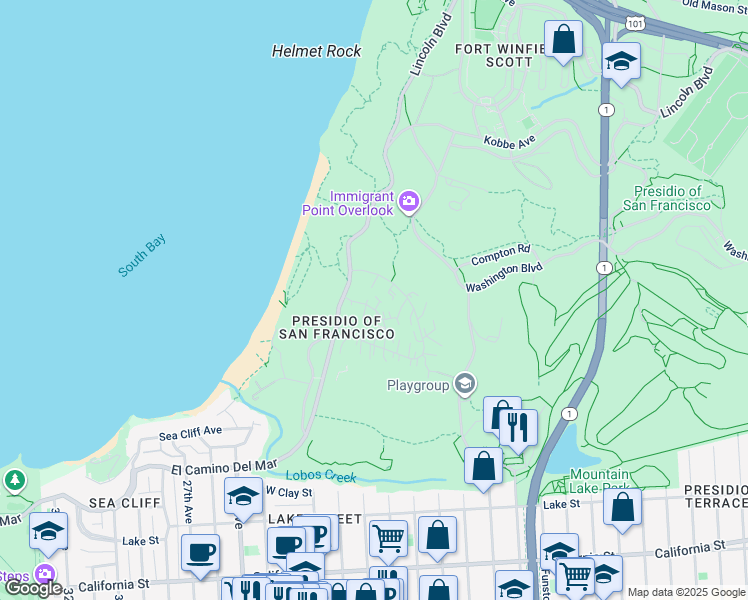 map of restaurants, bars, coffee shops, grocery stores, and more near 1577 Pershing Drive in San Francisco