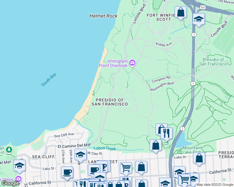 map of restaurants, bars, coffee shops, grocery stores, and more near 1577 Pershing Drive in San Francisco