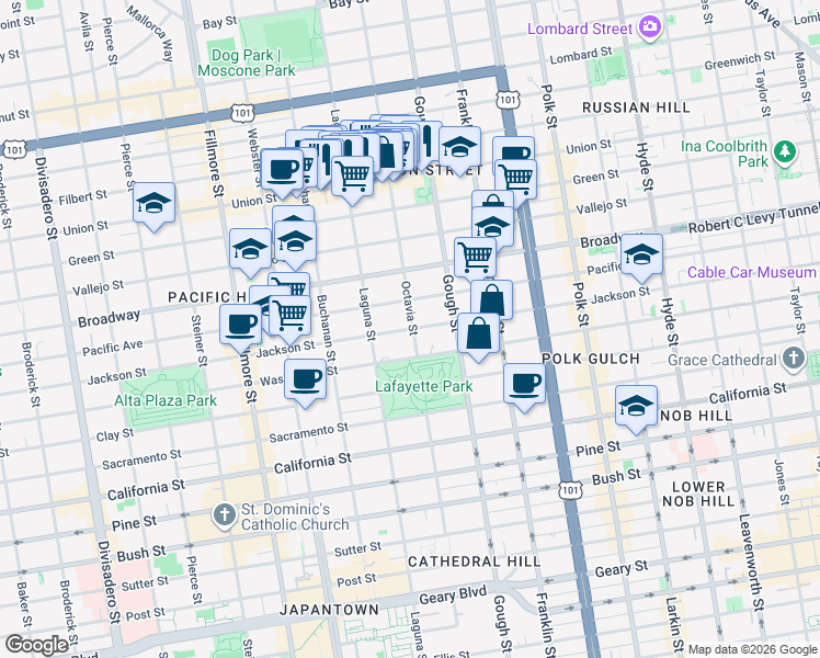 map of restaurants, bars, coffee shops, grocery stores, and more near Jackson Street in San Francisco