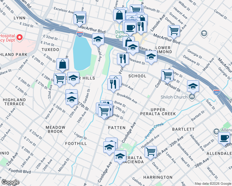 map of restaurants, bars, coffee shops, grocery stores, and more near 2952 Fruitvale Avenue in Oakland