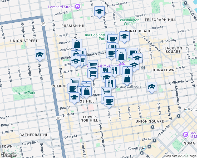 map of restaurants, bars, coffee shops, grocery stores, and more near 1360 Jones Street in San Francisco