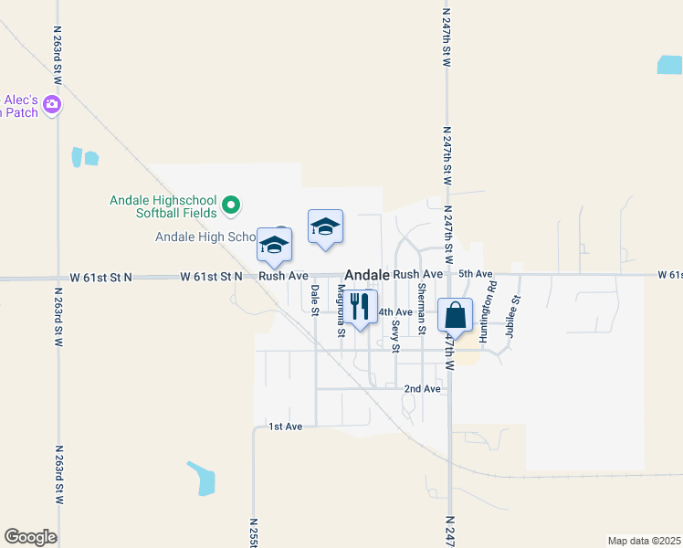 map of restaurants, bars, coffee shops, grocery stores, and more near 500 Rush Avenue in Andale