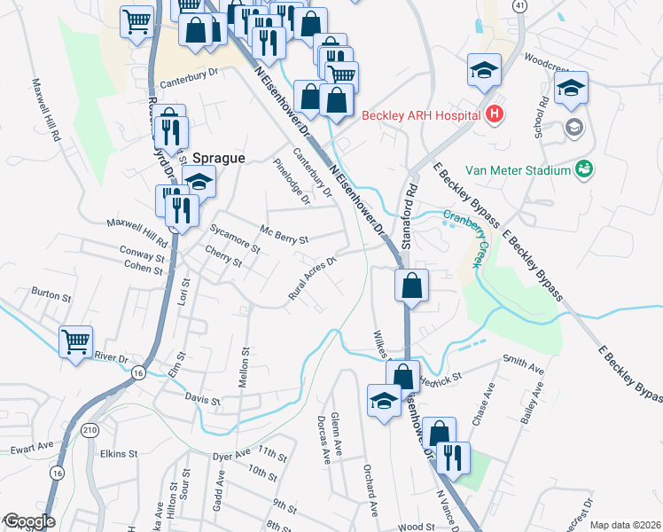 map of restaurants, bars, coffee shops, grocery stores, and more near 154 Canterbury Drive in Beckley