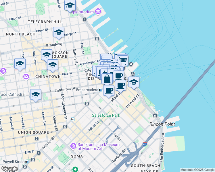 map of restaurants, bars, coffee shops, grocery stores, and more near 101 Market Street in San Francisco