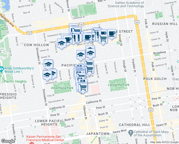 map of restaurants, bars, coffee shops, grocery stores, and more near 2418 Webster Street in San Francisco