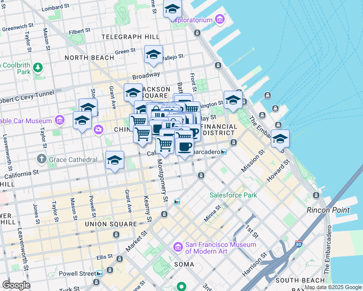 map of restaurants, bars, coffee shops, grocery stores, and more near 350 Sansome Street in San Francisco