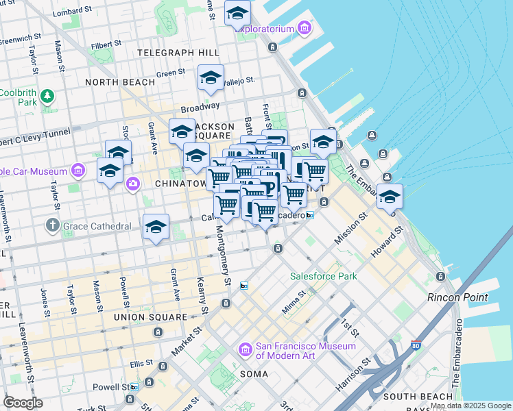 map of restaurants, bars, coffee shops, grocery stores, and more near 300 California Street in San Francisco