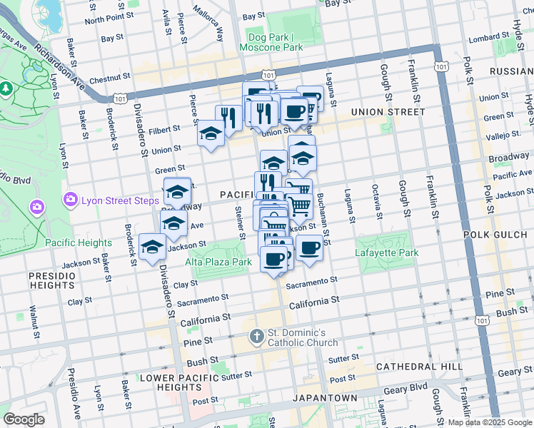map of restaurants, bars, coffee shops, grocery stores, and more near 2300 Pacific Avenue in San Francisco