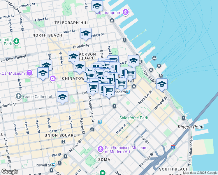 map of restaurants, bars, coffee shops, grocery stores, and more near 260 California Street in San Francisco