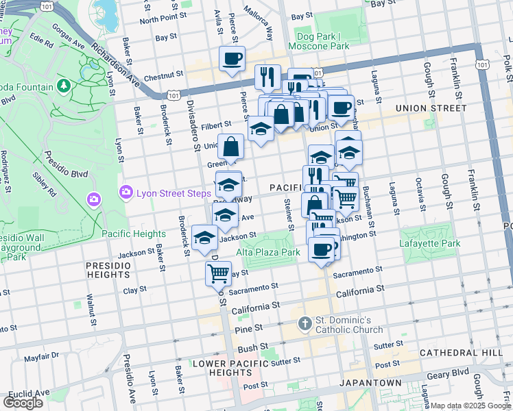 map of restaurants, bars, coffee shops, grocery stores, and more near 2536 Broadway in San Francisco