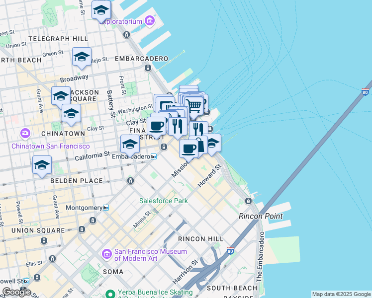 map of restaurants, bars, coffee shops, grocery stores, and more near 1 Market Street in San Francisco