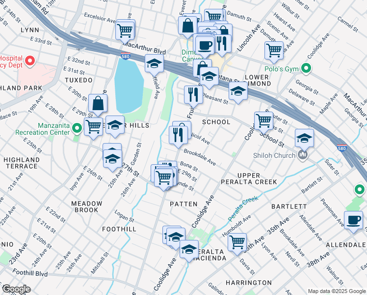 map of restaurants, bars, coffee shops, grocery stores, and more near 2952 Fruitvale Avenue in Oakland