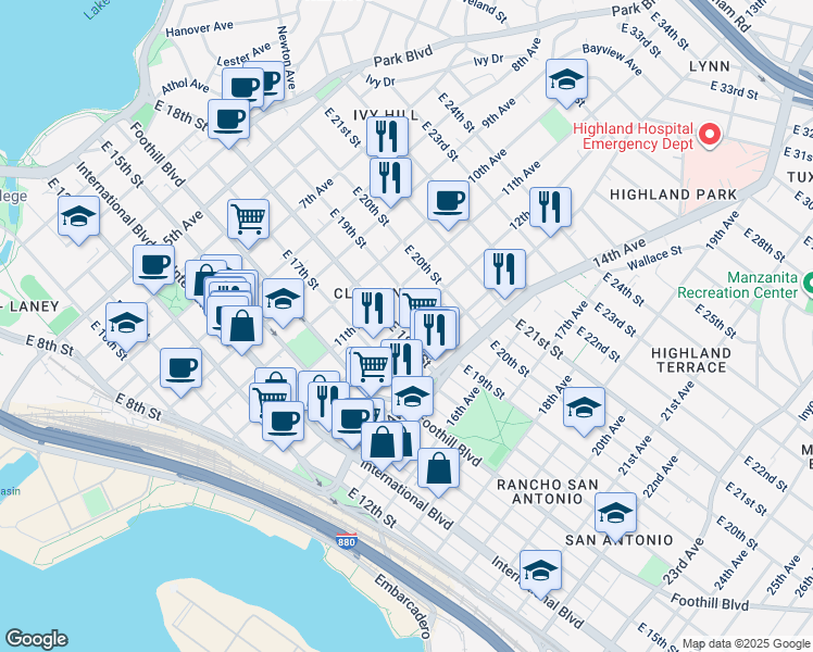 map of restaurants, bars, coffee shops, grocery stores, and more near in Oakland