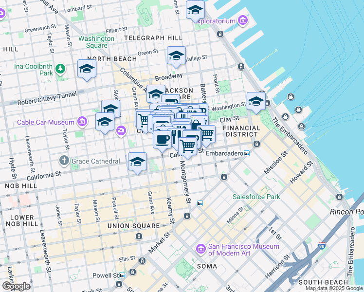 map of restaurants, bars, coffee shops, grocery stores, and more near 642 Commercial Street in San Francisco