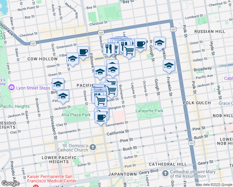 map of restaurants, bars, coffee shops, grocery stores, and more near 2602 Buchanan Street in San Francisco