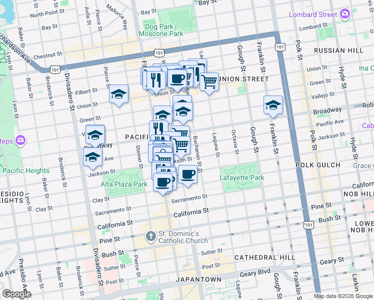 map of restaurants, bars, coffee shops, grocery stores, and more near in San Francisco