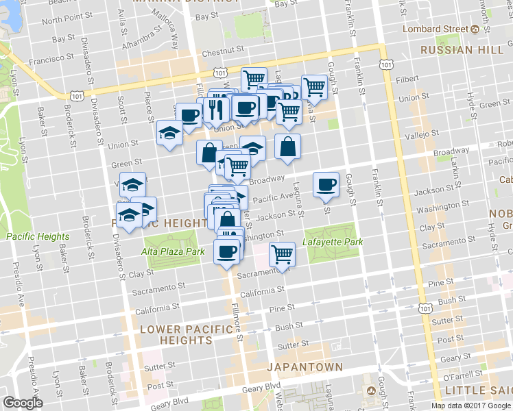 map of restaurants, bars, coffee shops, grocery stores, and more near in San Francisco