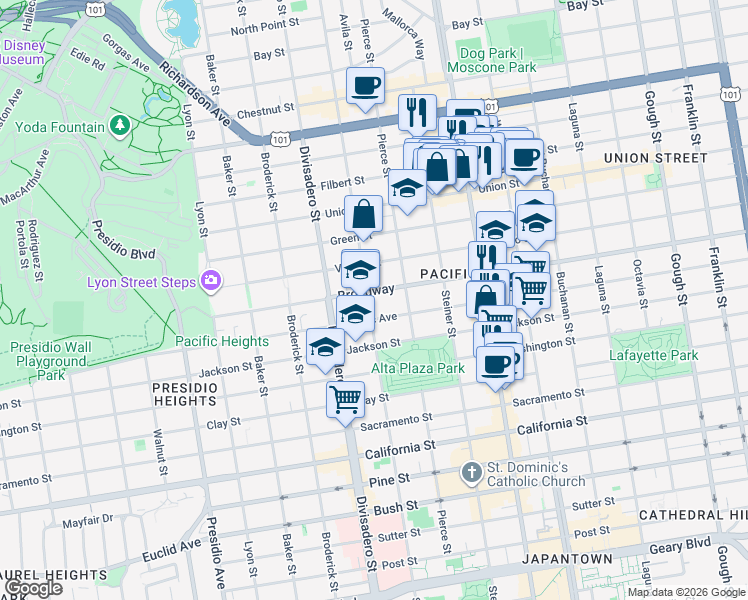 map of restaurants, bars, coffee shops, grocery stores, and more near 2536 Broadway in San Francisco