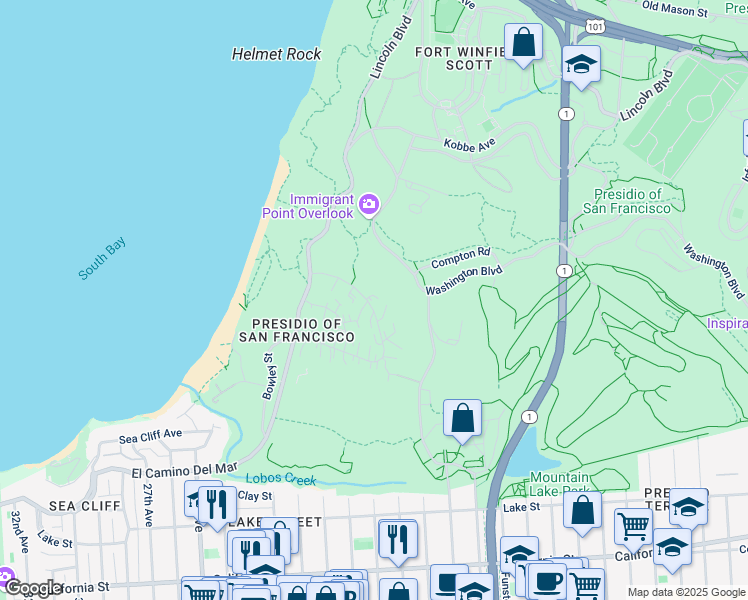 map of restaurants, bars, coffee shops, grocery stores, and more near 1560 Pershing Drive in San Francisco