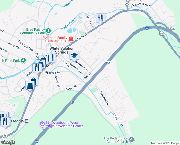 map of restaurants, bars, coffee shops, grocery stores, and more near 273 Gum Street in White Sulphur Springs