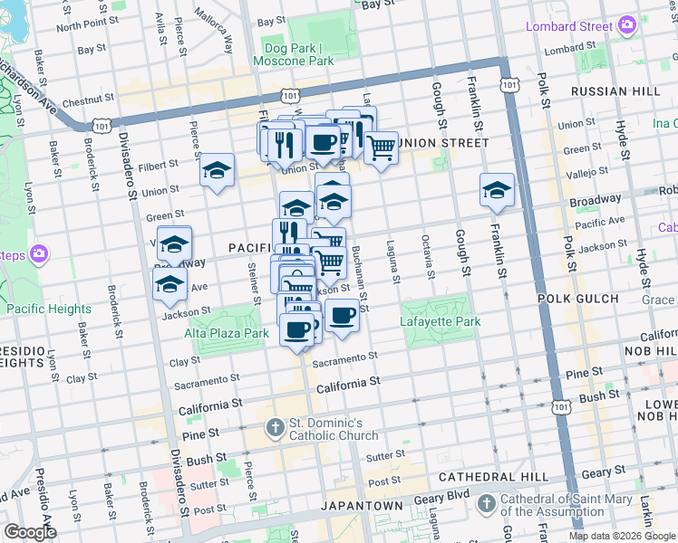 map of restaurants, bars, coffee shops, grocery stores, and more near in San Francisco