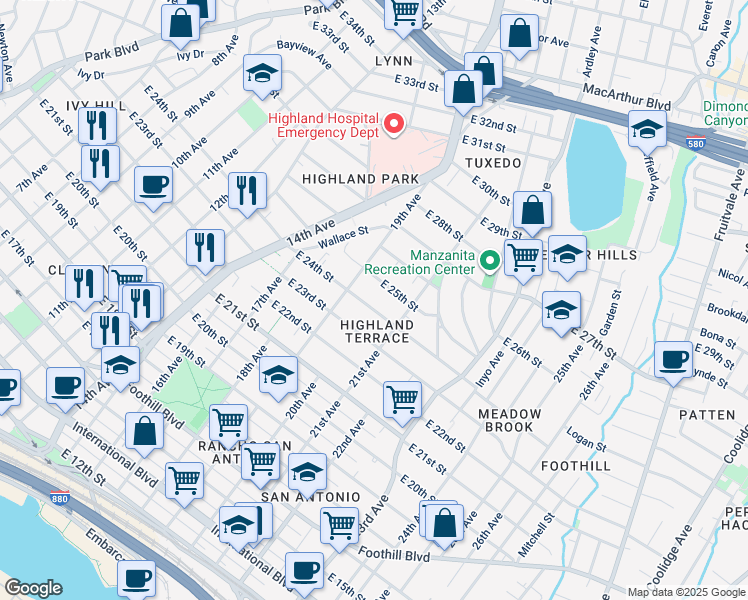 map of restaurants, bars, coffee shops, grocery stores, and more near 1944 East 24th Street in Oakland