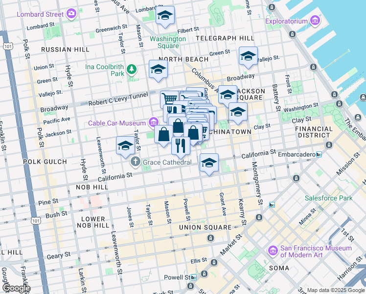 map of restaurants, bars, coffee shops, grocery stores, and more near 30 Miller Place in San Francisco