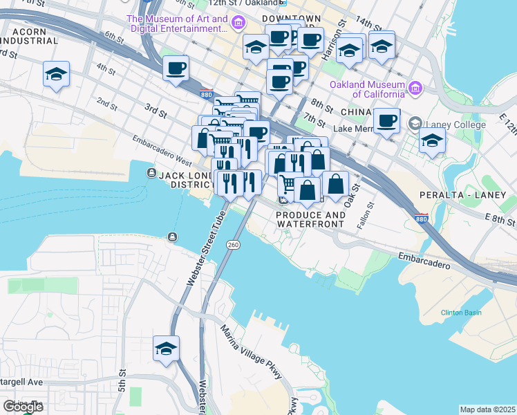 map of restaurants, bars, coffee shops, grocery stores, and more near 40 Harrison Street in Oakland