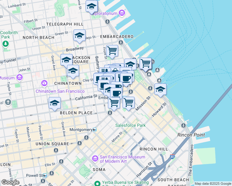 map of restaurants, bars, coffee shops, grocery stores, and more near 150 California Street in San Francisco