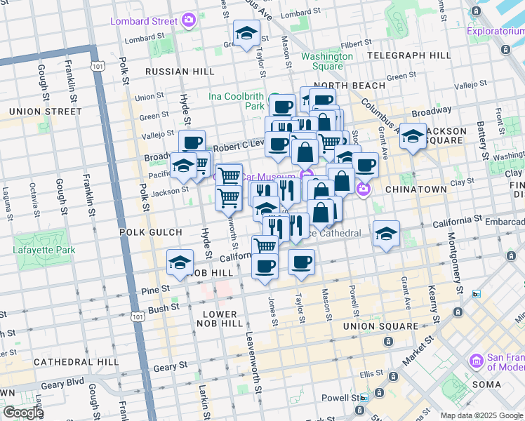 map of restaurants, bars, coffee shops, grocery stores, and more near 1310 Jones Street in San Francisco